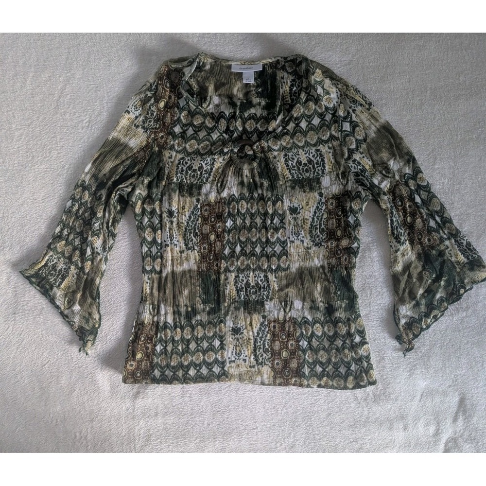 Vtg Blouse Green Patchwork Ring Detail Bell Sleeve Sz L Fairycore Whimsigoth